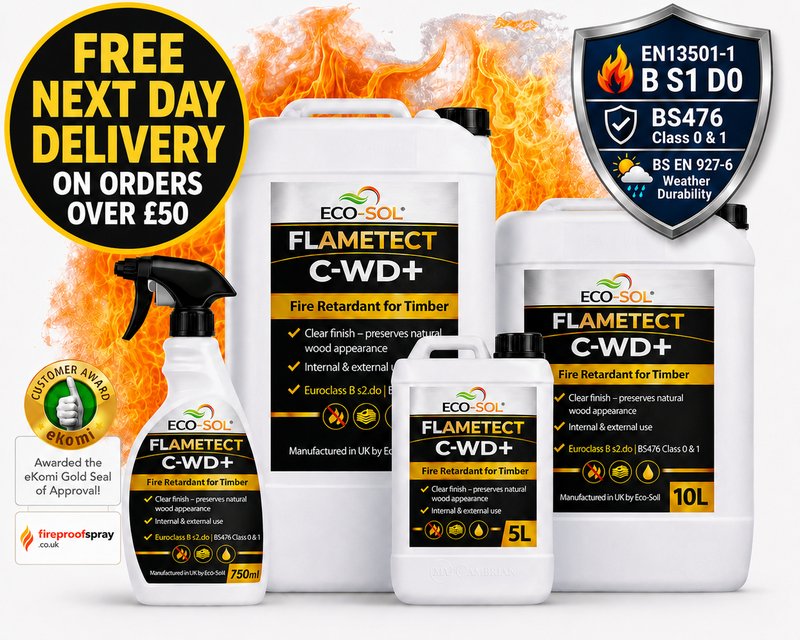 Flametect C-WD+ fire retardant for timber — EN13501 B s1 D0 and BS476 Class 0 & 1 certified. Free next day UK delivery on orders over GBP50.